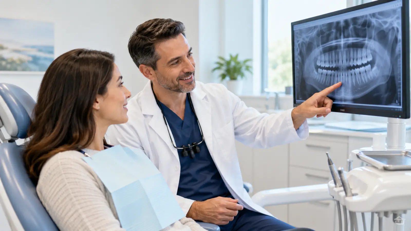 Dentist reviewing a dental X-ray with a patient while discussing root canal and tooth extraction treatment options